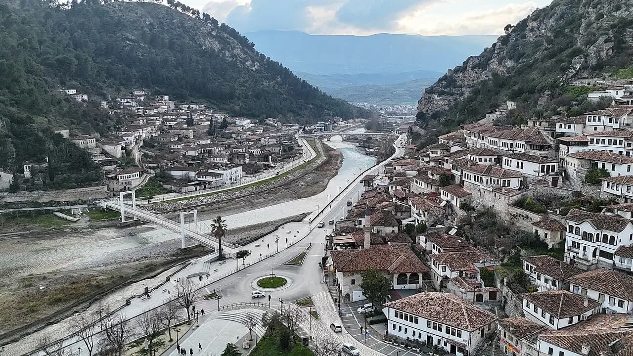 Aerial view of Berat - Mangalem, Goricë and River Osum