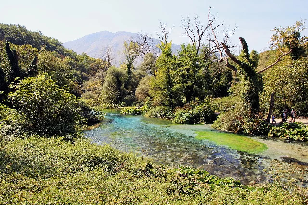 The small river in region Syri i Kaltër or in translation the Blue Eye, which is a well known by natural cold water spring in Sarandë in south Albania, Septembe