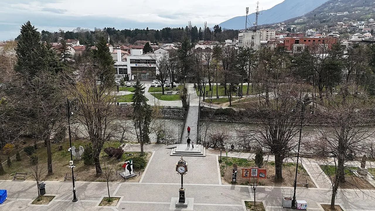 View of Park Bridge, Peja, from the air