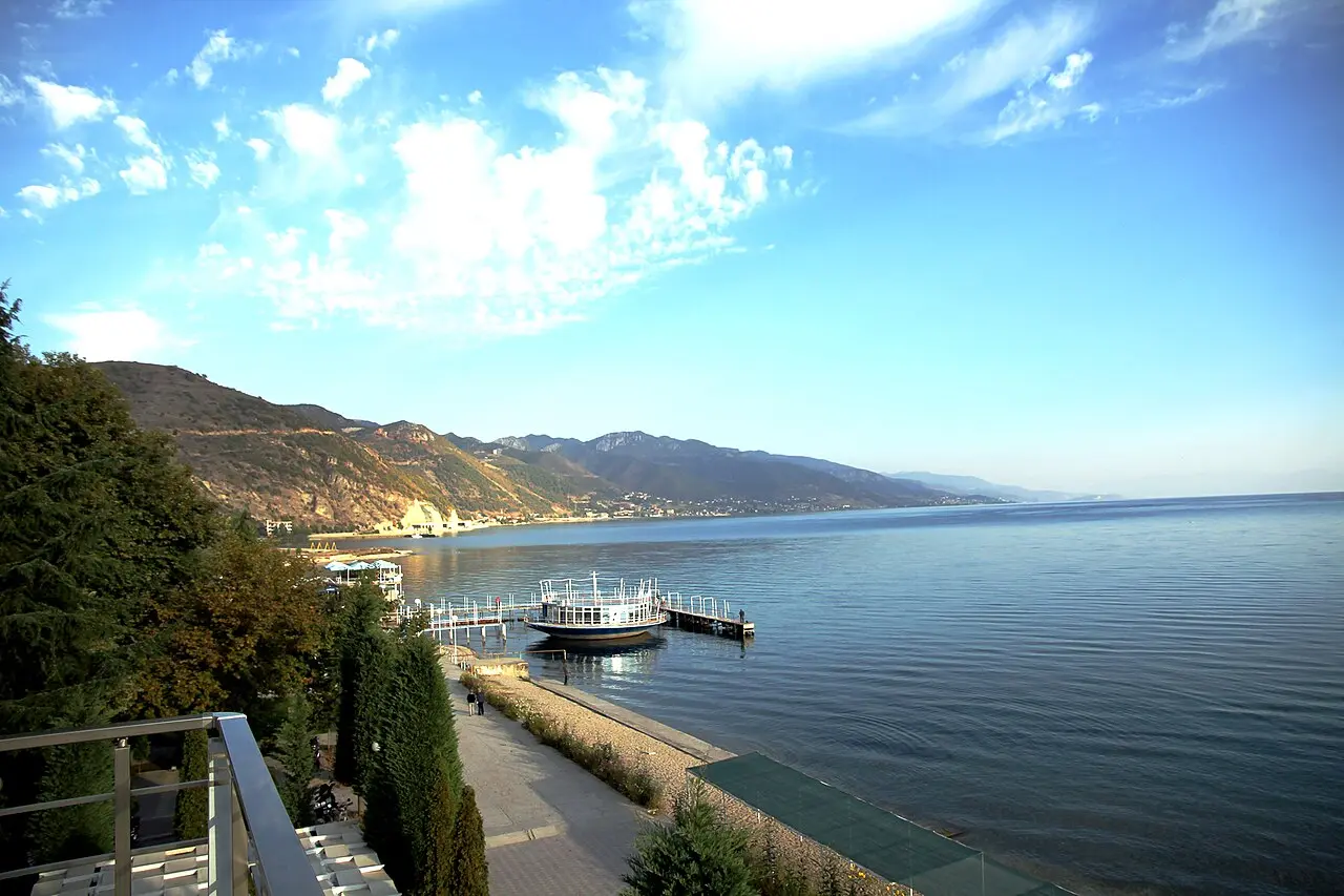 The wiev on Lake Ohrid coast from hotel Enkelana in the town Pogradec, Albania, September 2018