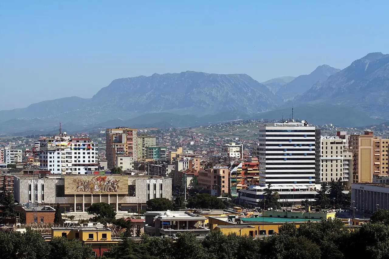 The Skanderbeg square in downtown Tirana, Albania, on the left it's the National Historic Museum, on the right it's the Tirana International Hotel