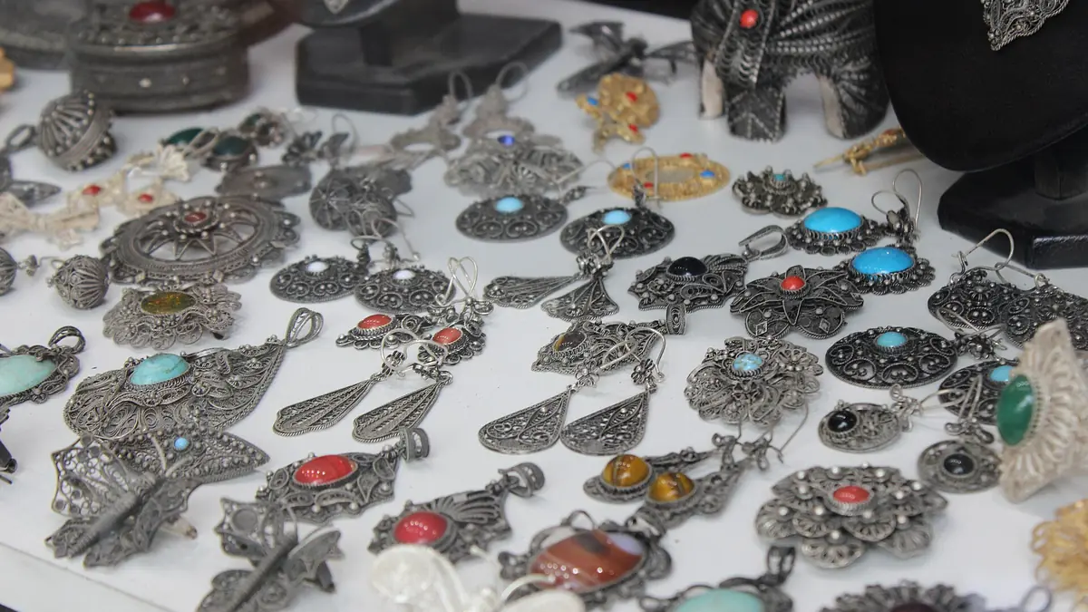 Silver filigree jewellery on a shop table in Prizren
