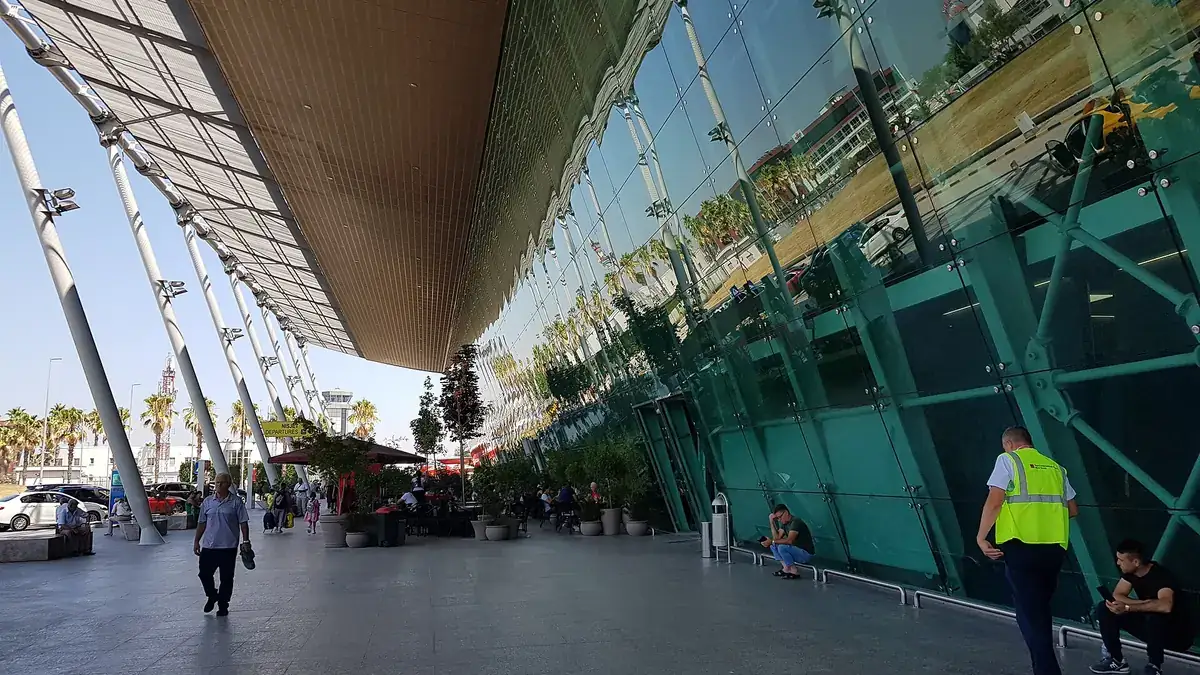 Glass façade of the departures area at Tirana International Airport